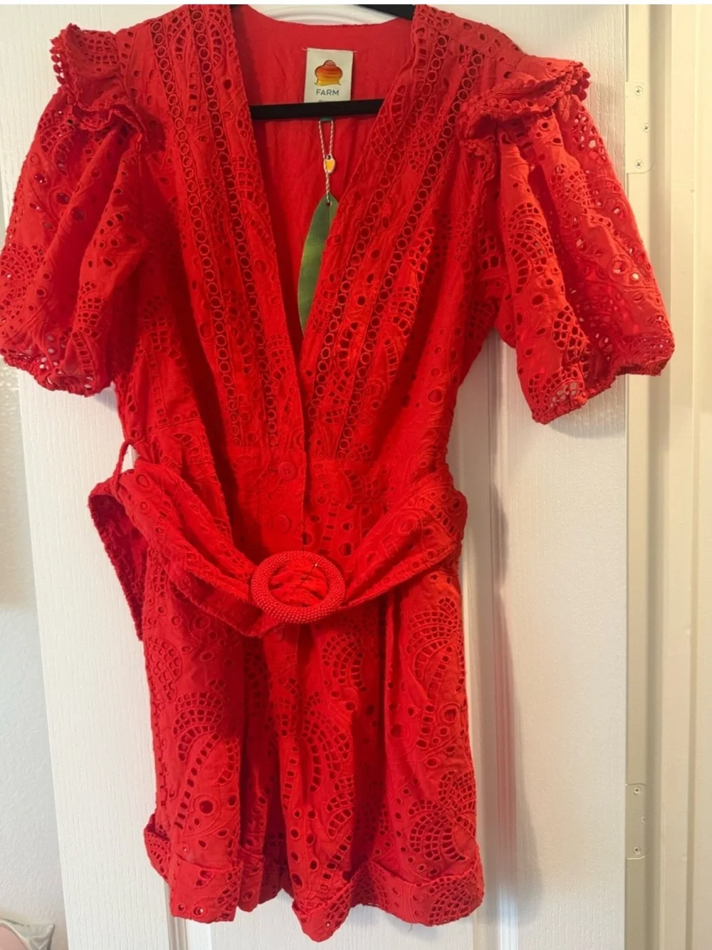 FARM Rio Red Eyelet Belted V-Neck Romper size Large